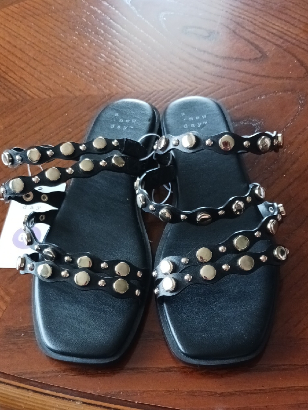 a new day Black Studded Triple-Strap Slide Sandals